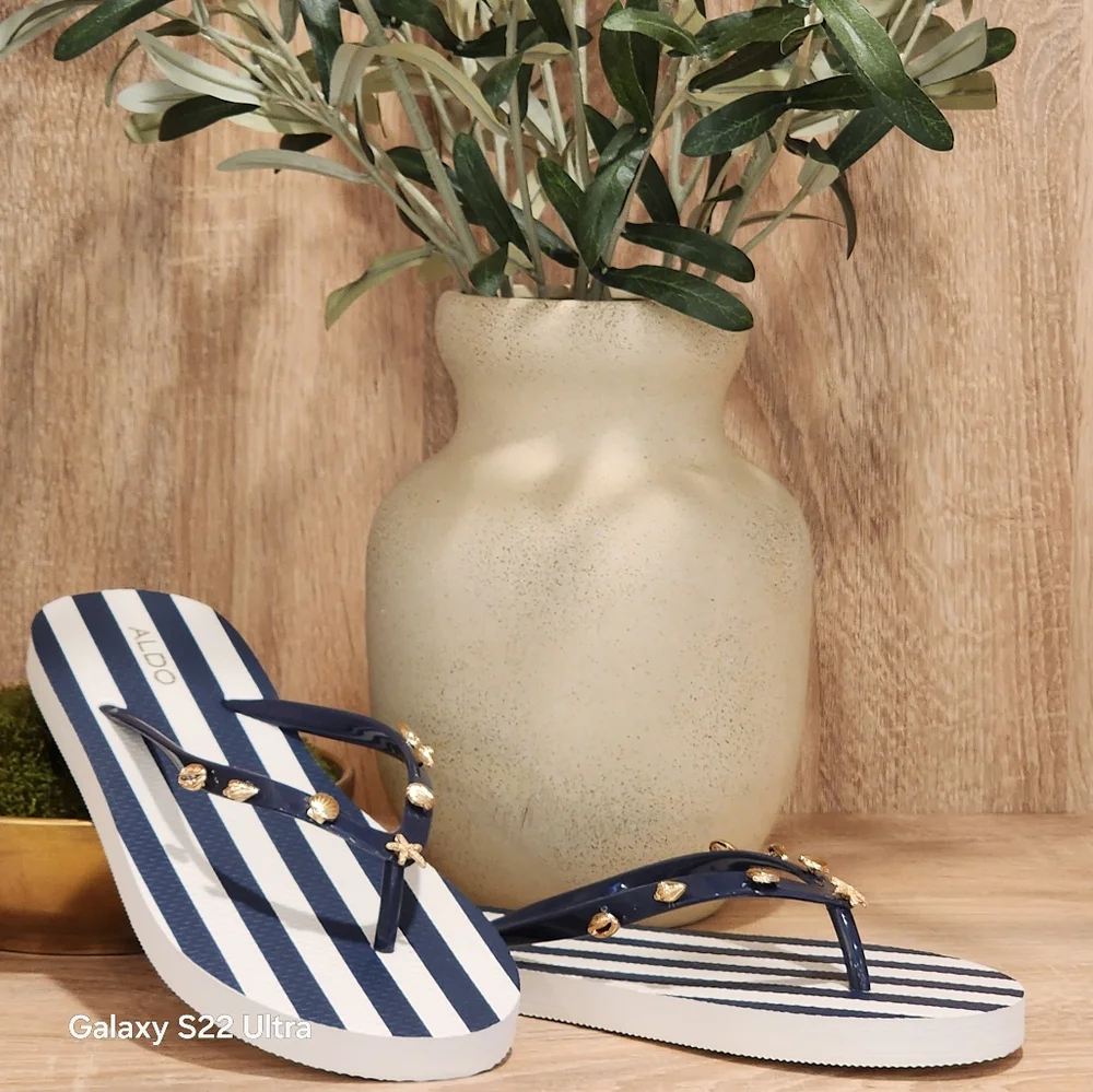Aldo Women's Blue/White Striped Shell Charm Flip Flops Size 9